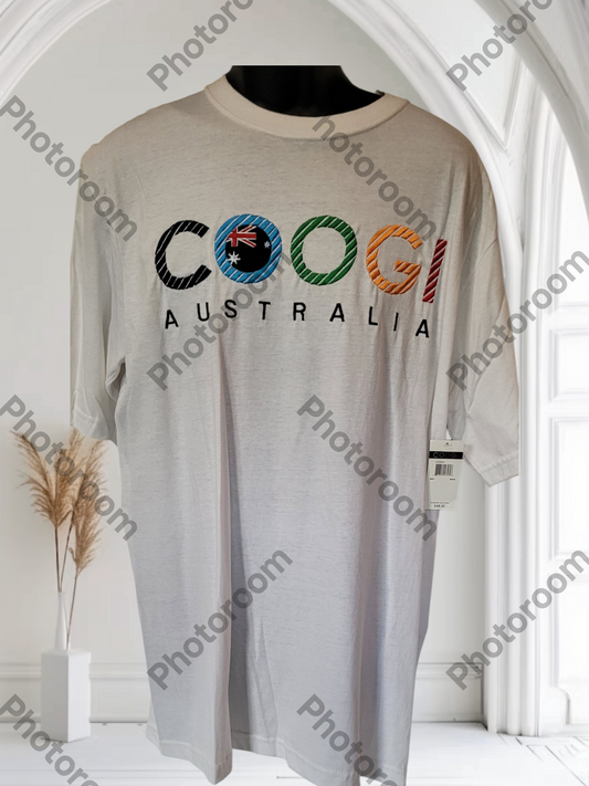 Beige t-shirt with colorful 'COOGI Australia' logo on a mannequin against a white background.