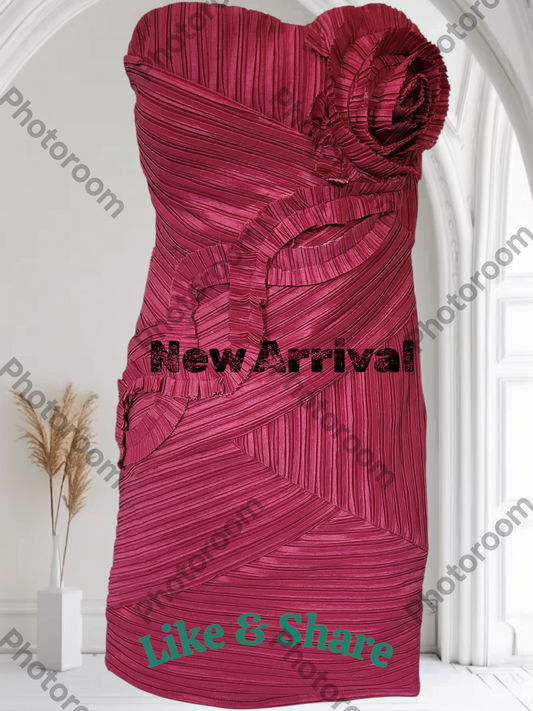 Red strapless dress with a large flower detail on a white background, labeled 'New Arrival' and 'Like & Share'.
