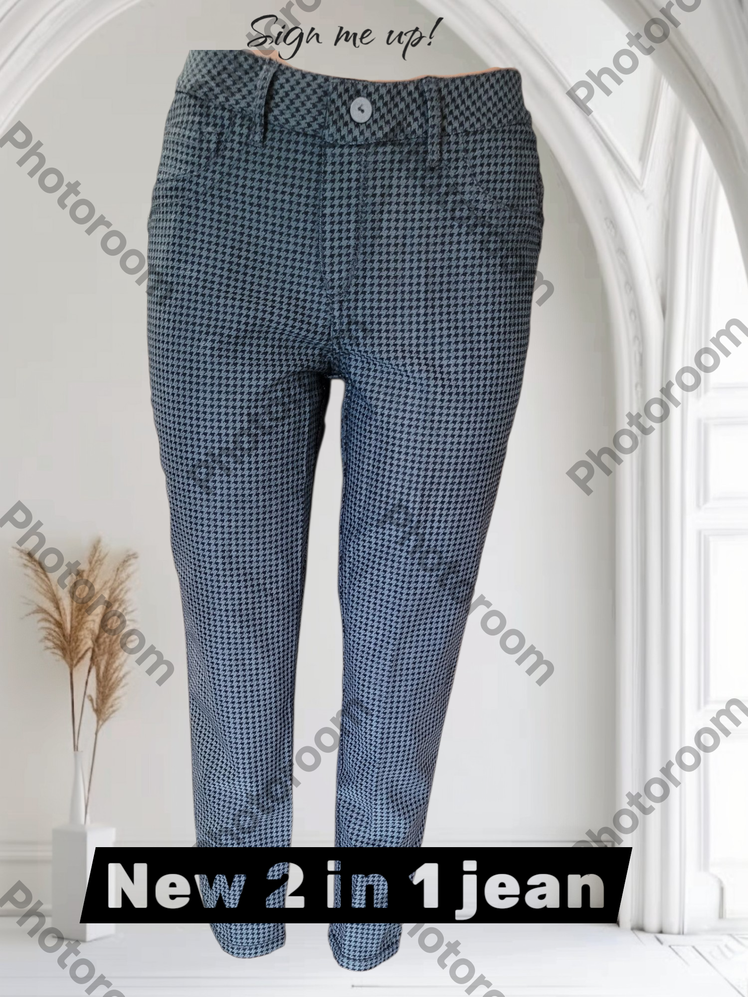 Blue checkered jeans on a white background with 'Photoroom' watermark.
