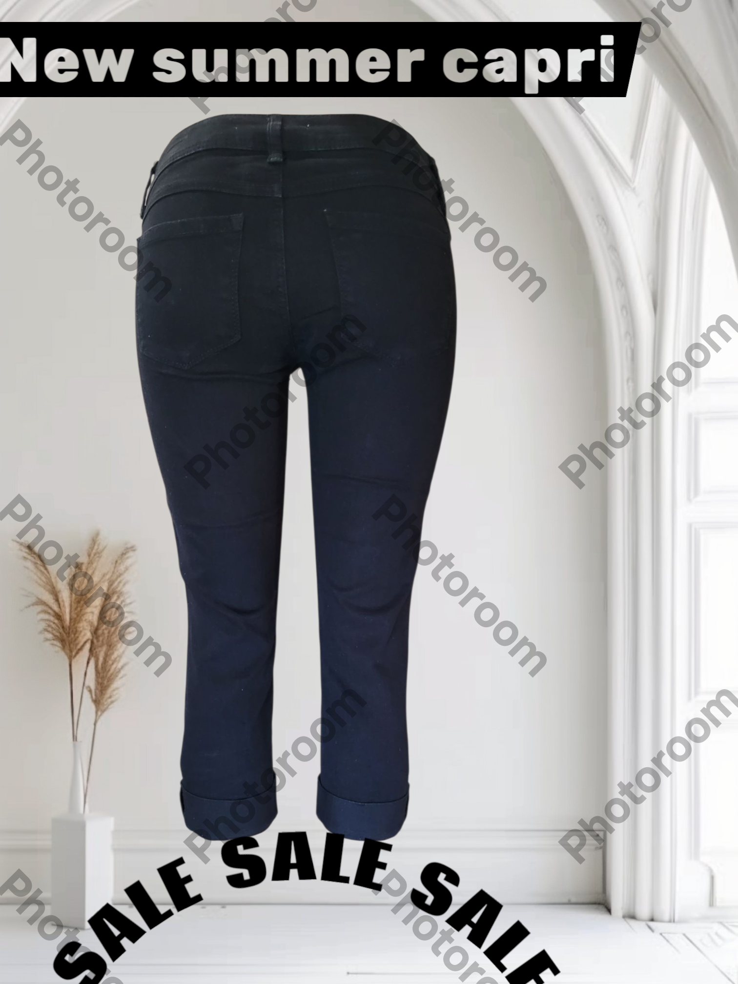 Black capri pants on a white background with 'New summer capri' text and 'SALE' label.