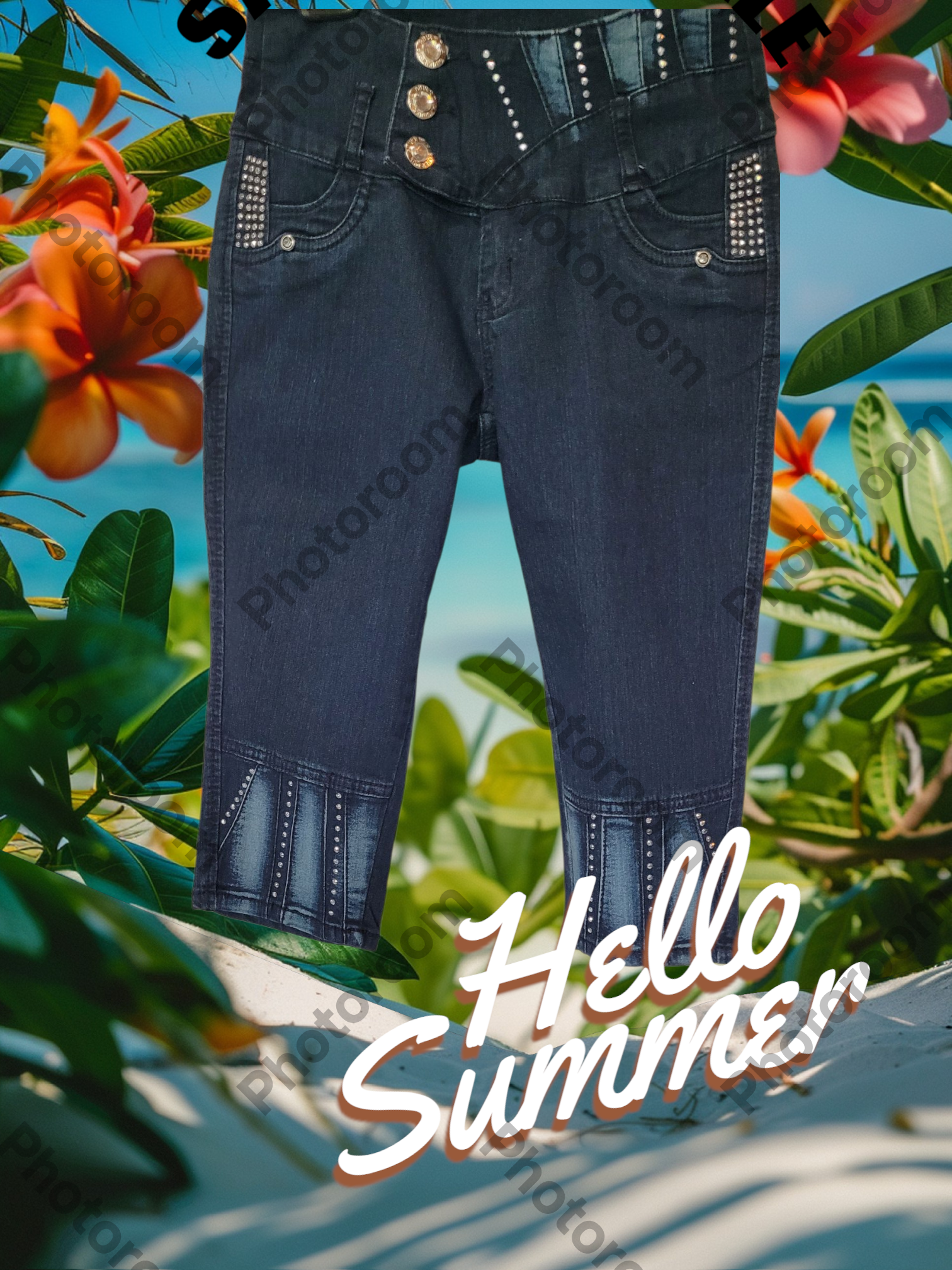 Dark blue jeans with decorative buttons on a tropical background with flowers and 'Hello Summer' text.