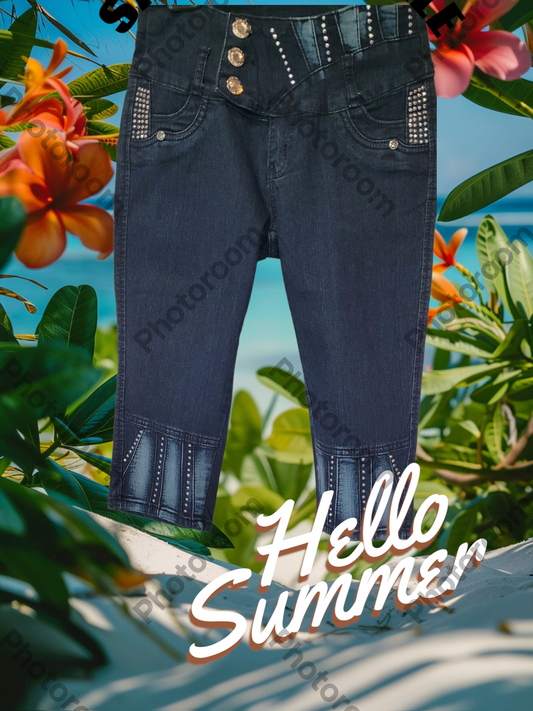 Dark blue jeans with decorative buttons on a tropical background with flowers and 'Hello Summer' text.