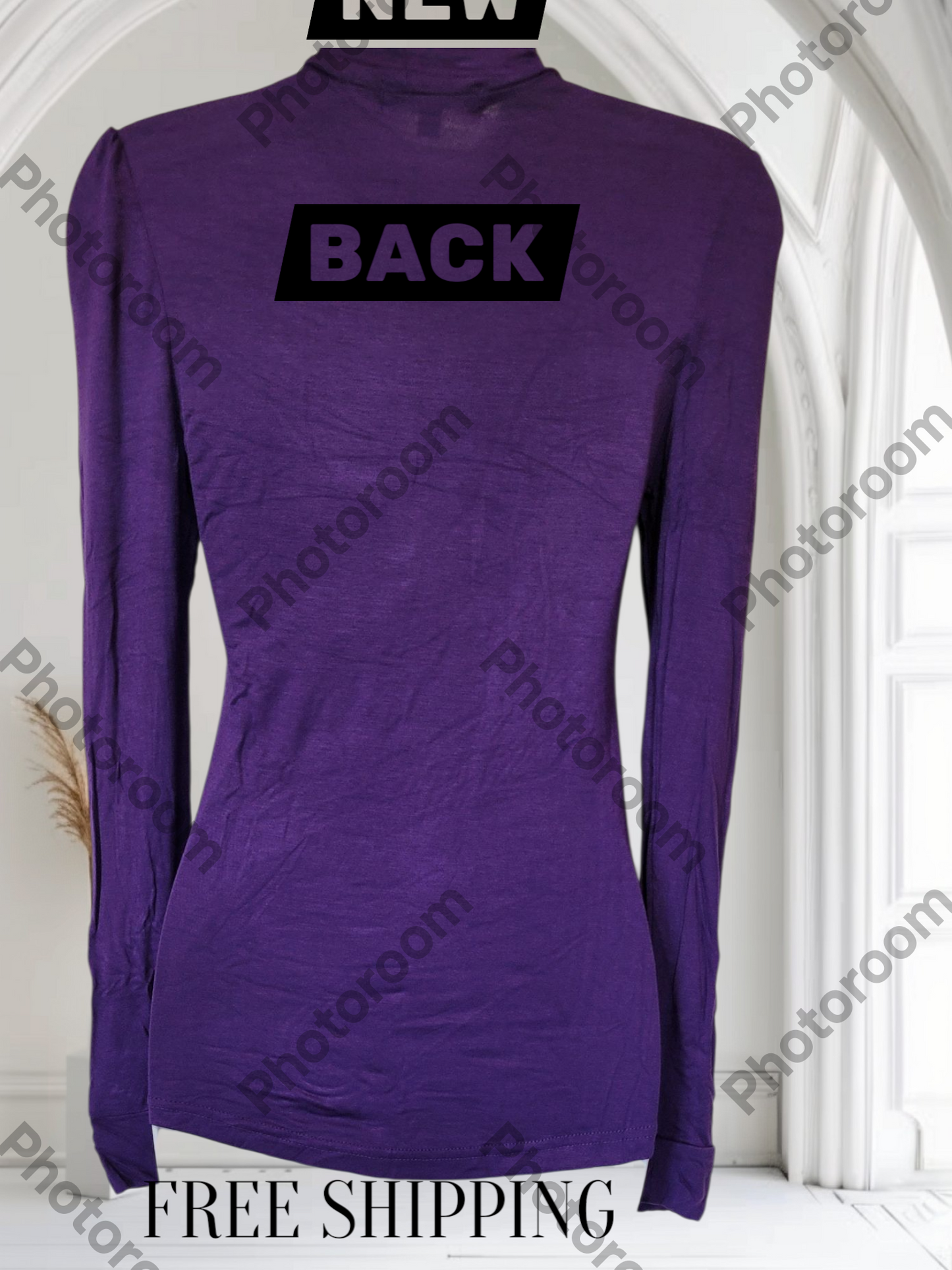Purple long-sleeve dress with a back label and 'FREE SHIPPING' text on a white background.