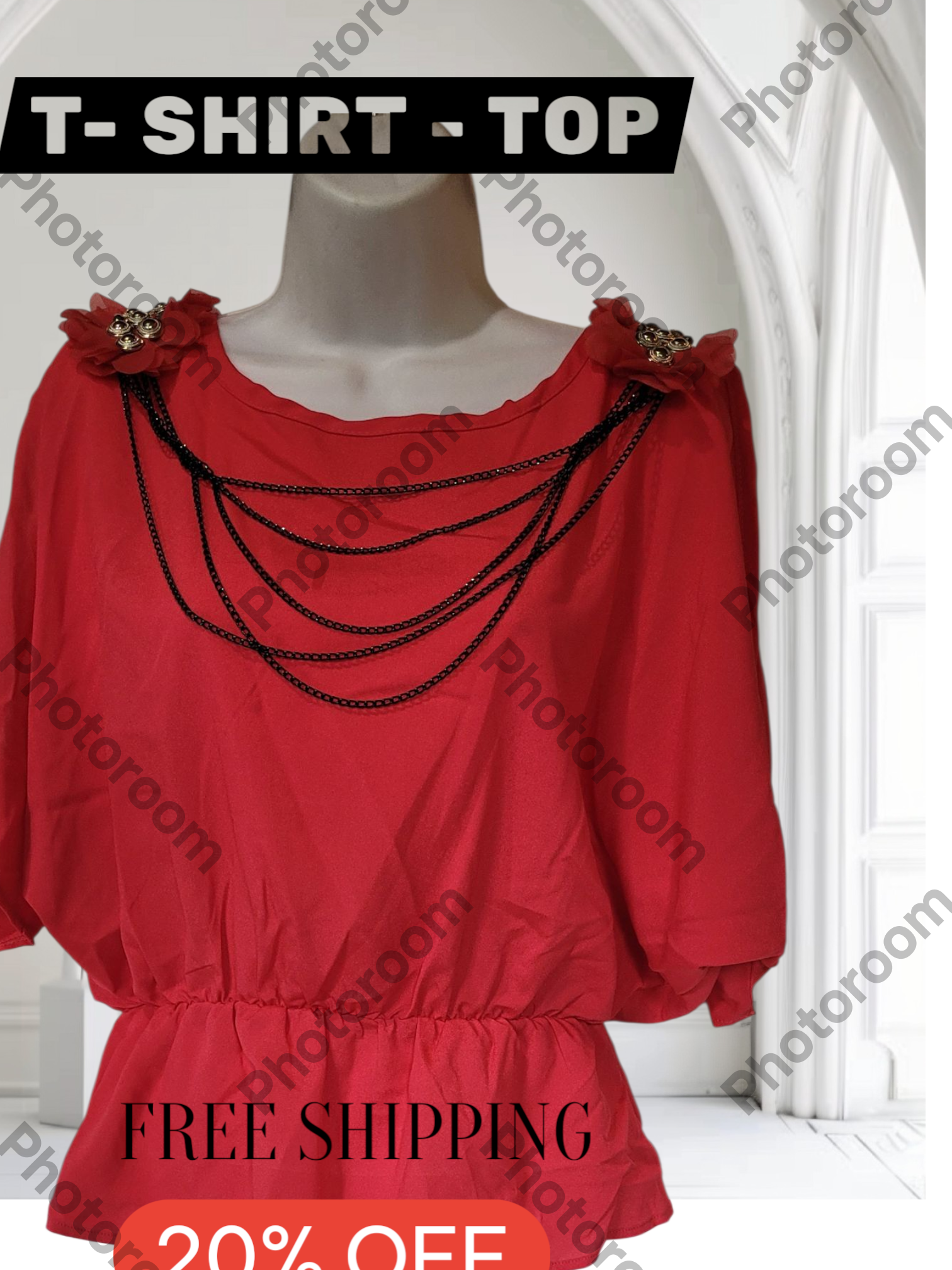 Red top with black chains on a mannequin against a white background, with 'Photoroom' watermark.