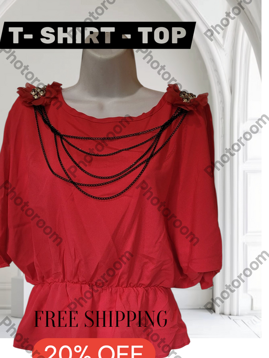 Red top with black chains on a mannequin against a white background, with 'Photoroom' watermark.