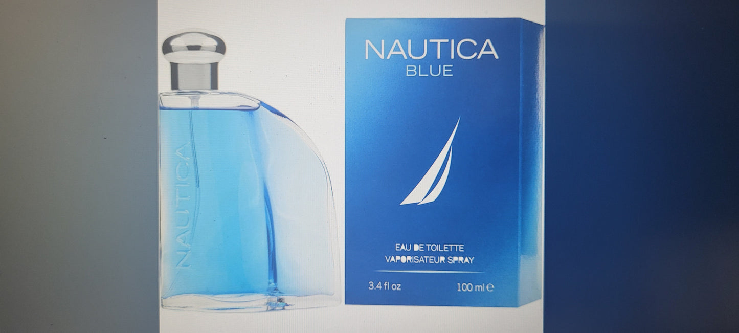 Nautica Blue Eau de Toilette bottle and packaging on a gradient background