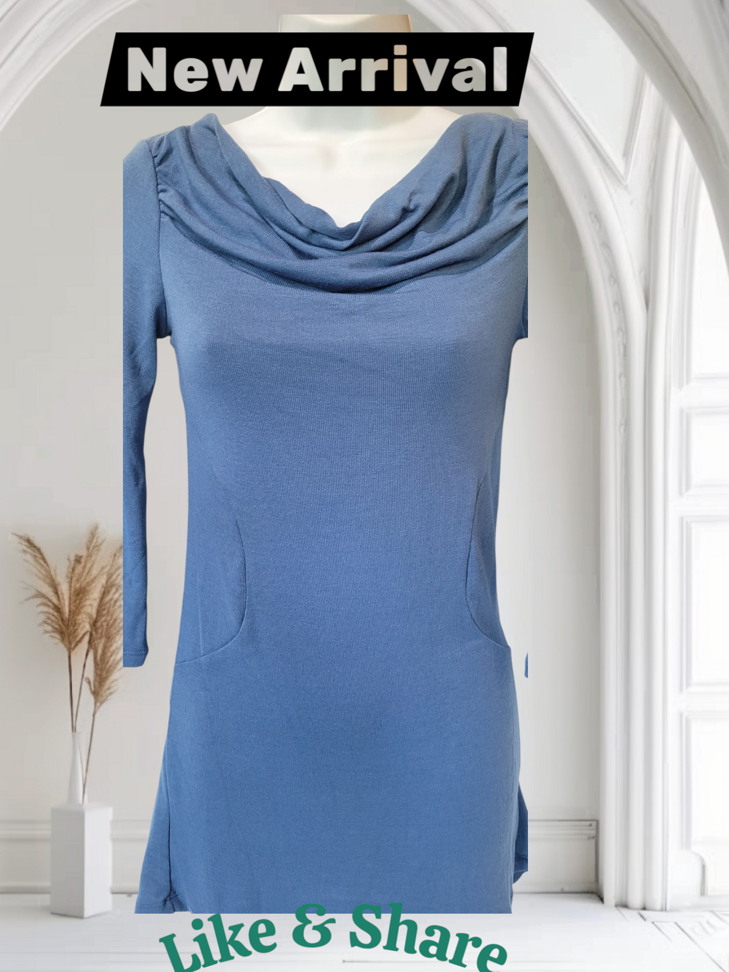 Blue sleeveless dress on a mannequin with 'New Arrival' text above and 'Like & Share' text at the bottom.