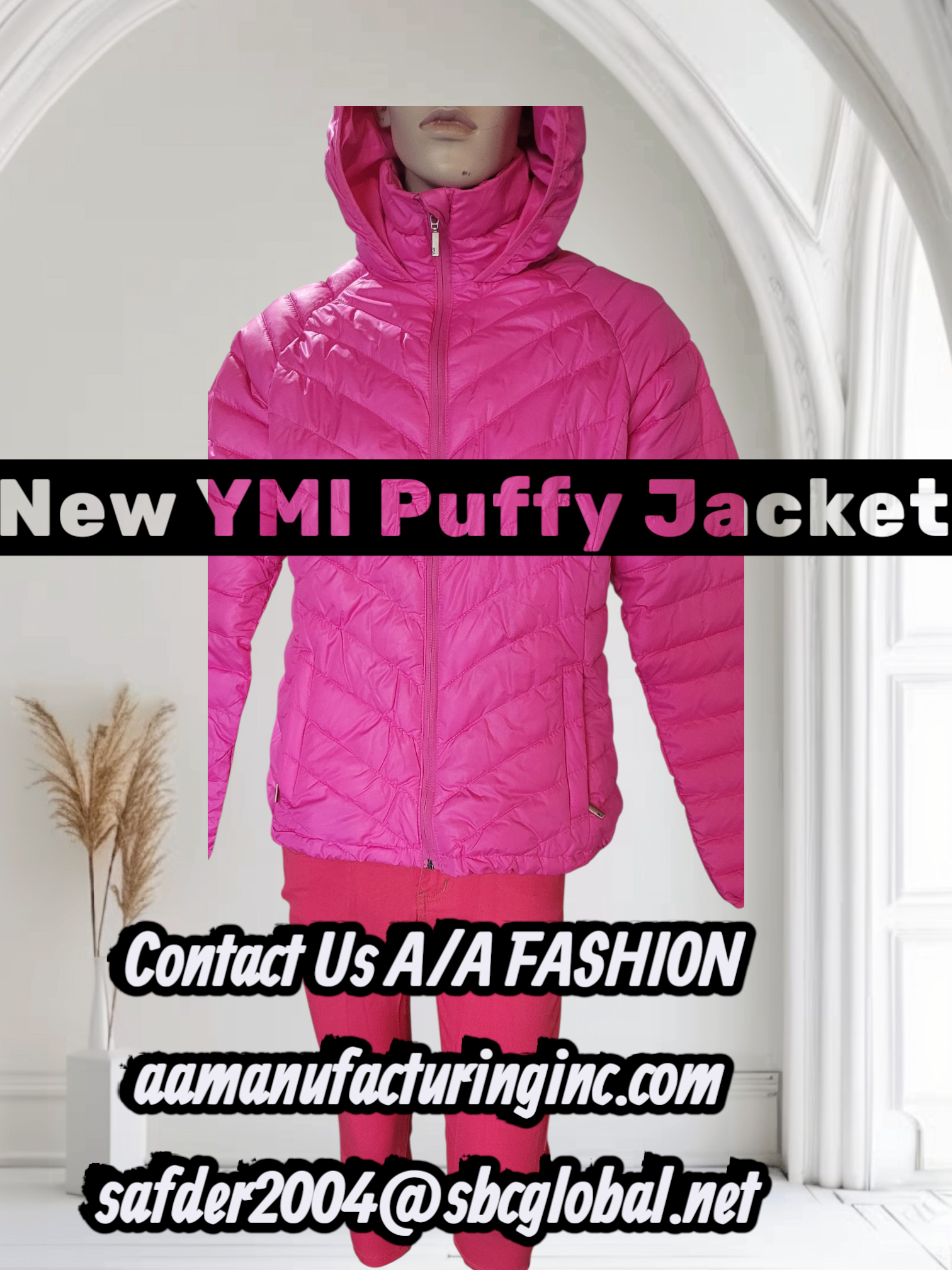 YMI Pink puffy jacket displayed against a white background with promotional text.