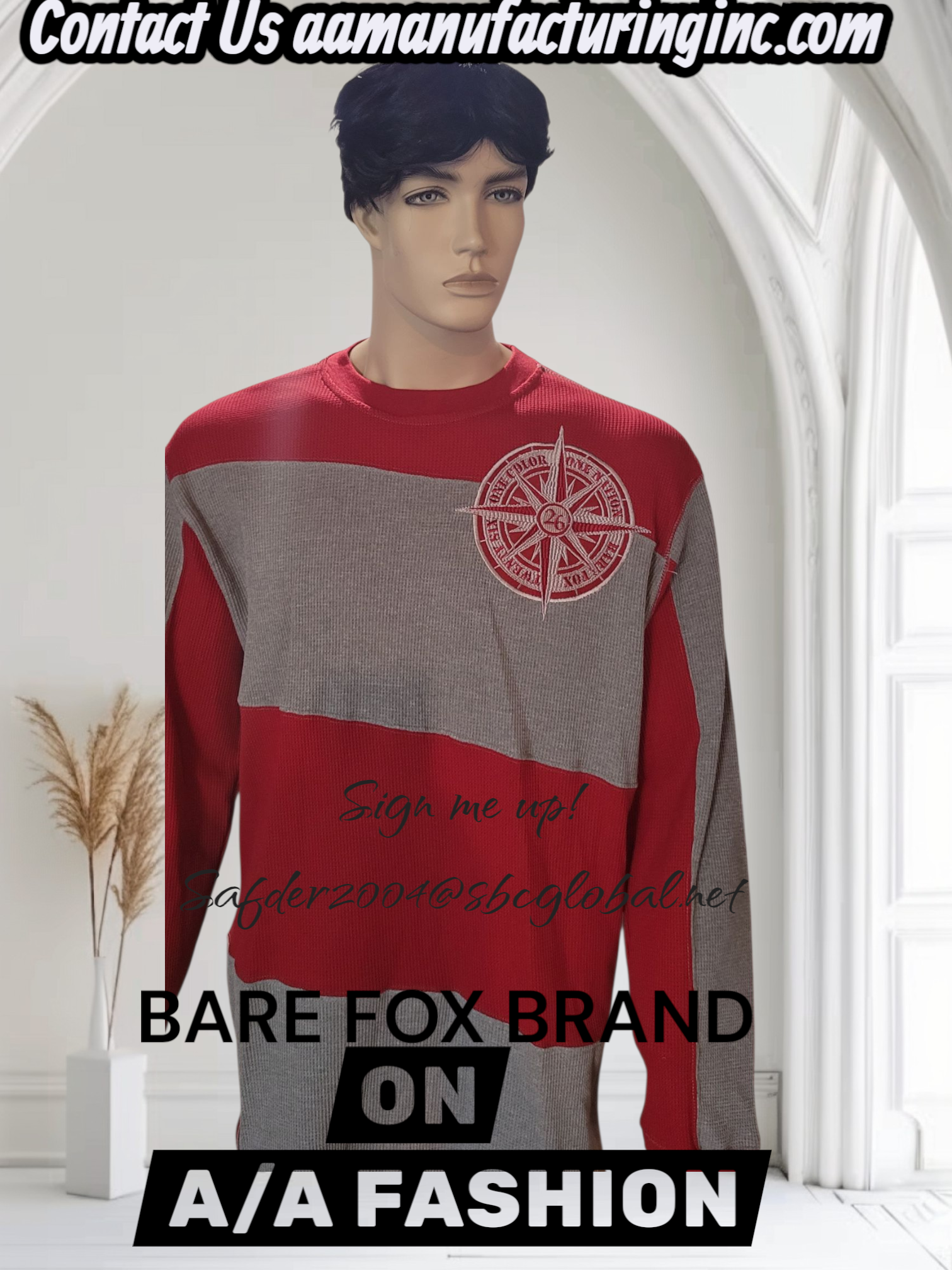 Mannequin wearing a red and gray BARE FOX BRAND sweater with Bare Fox Brand logo in a minimalistic setting.