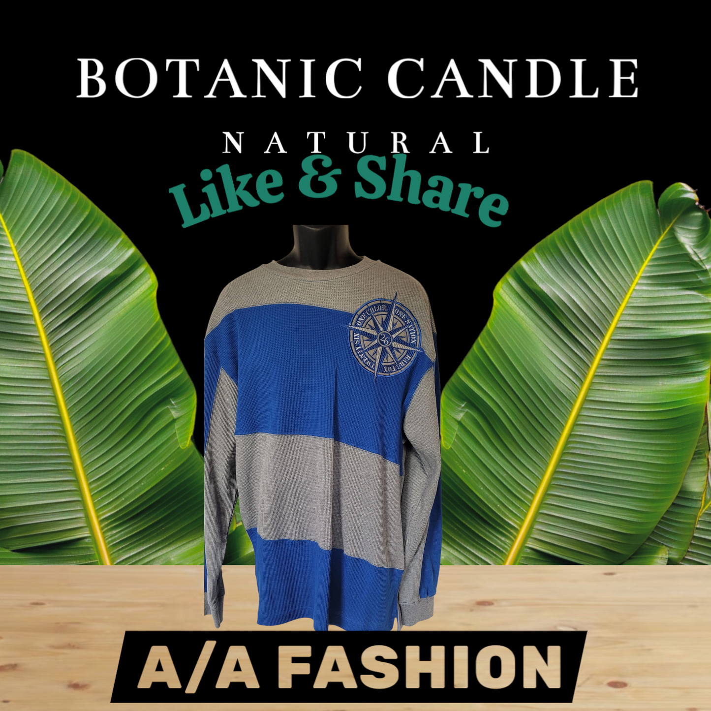 BARE FOX BRAND -Blue and gray sweater on a mannequin with green leaves and 'Botanic Candle' text in the background