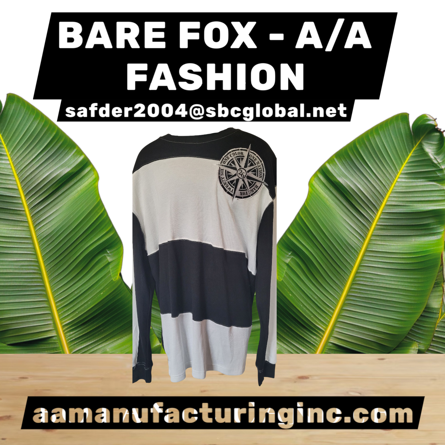 BARE FOX BRAND- Black and white long-sleeve shirt with a compass design on a wooden surface with green leaves in the background.