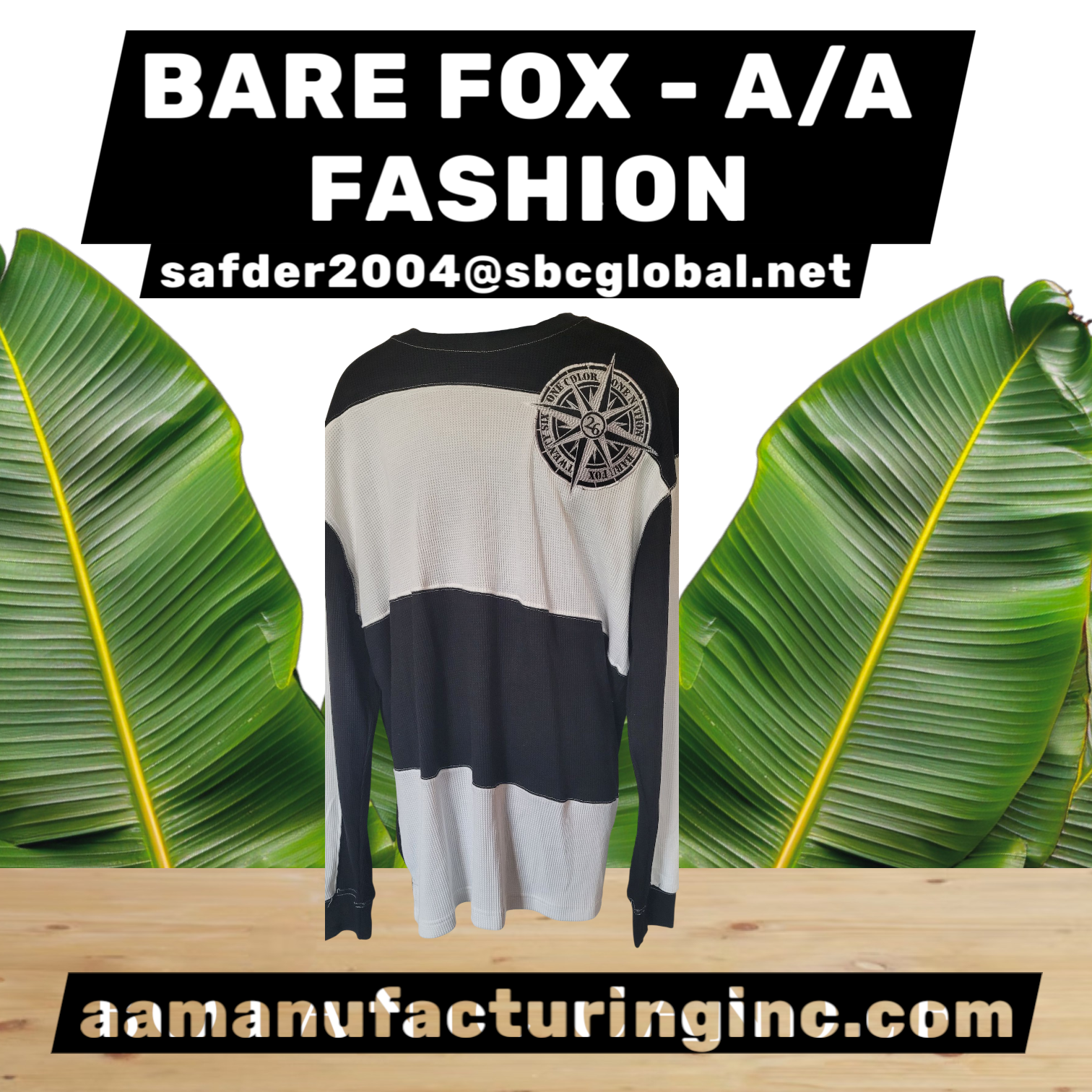 BARE FOX BRAND- Black and white long-sleeve shirt with a compass design on a wooden surface with green leaves in the background.