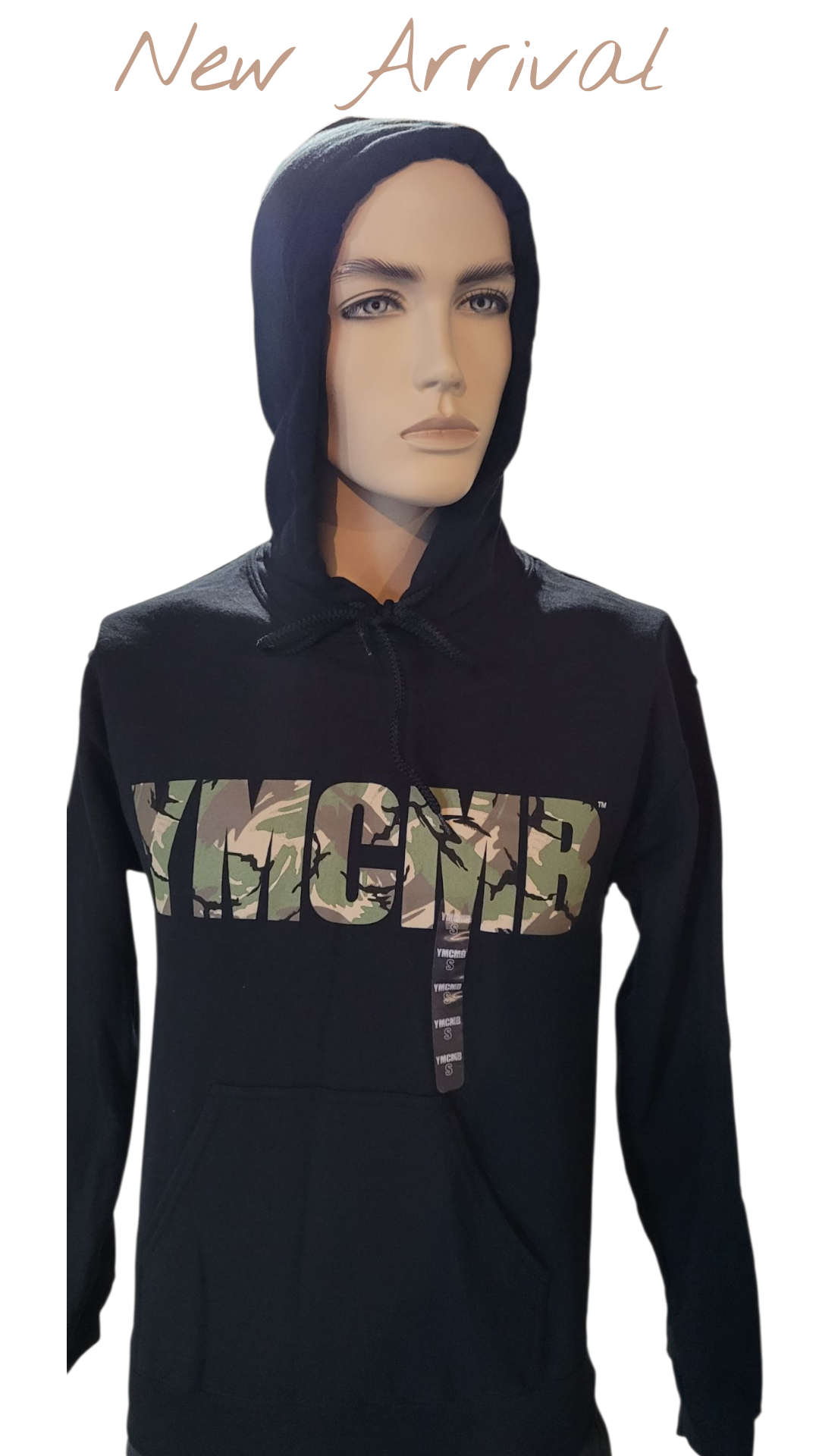 Black Men's hoodie with 'YMCMB' logo on a mannequin against a white background