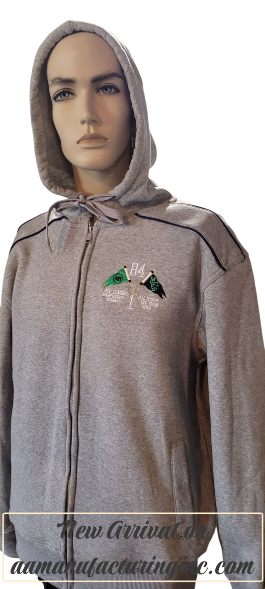 Mecca Men's hoodie front open side pockets with embroidery on a mannequin against a white background