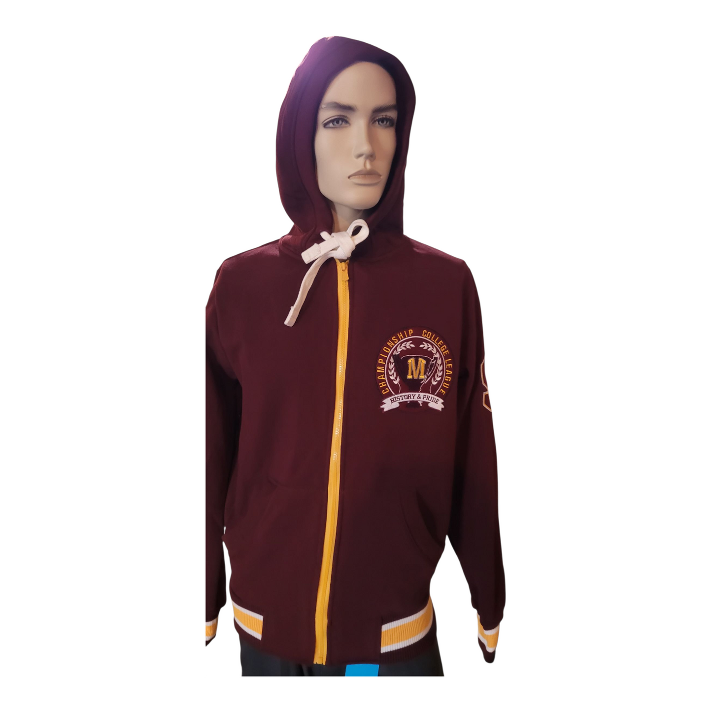 Burgundy hoodie with a logo on a mannequin against a white background