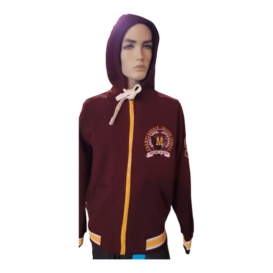 Burgundy hoodie with a logo on a mannequin against a white background