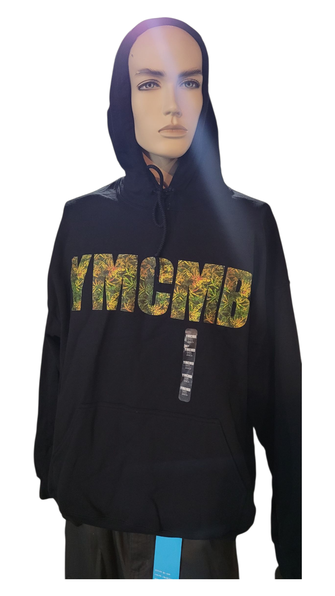 YMCMB Men's Black hoodie with colorful 'YMCMB' text on a mannequin against a white background