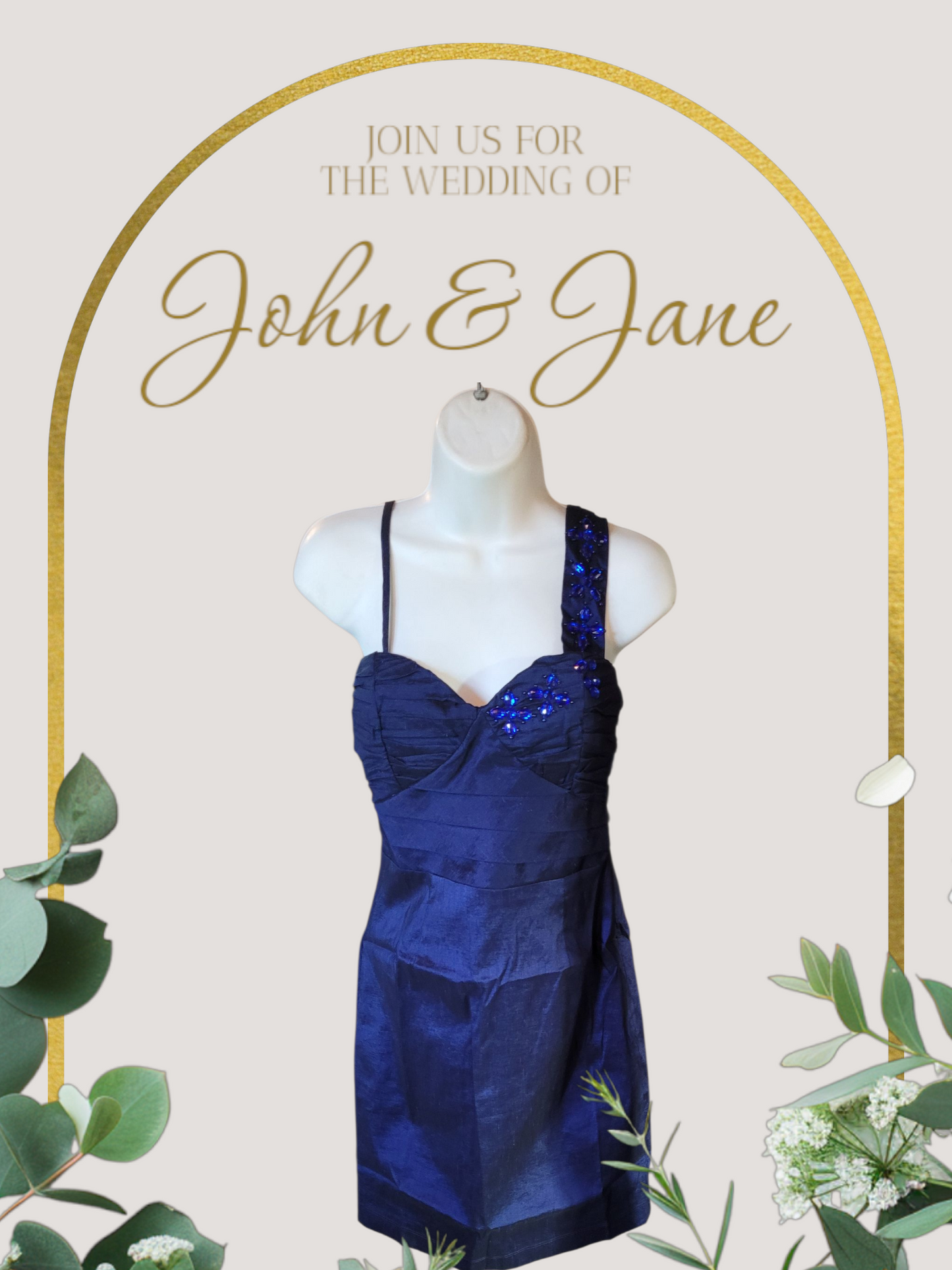 Blue dress on a mannequin with wedding invitation text and decorative arch