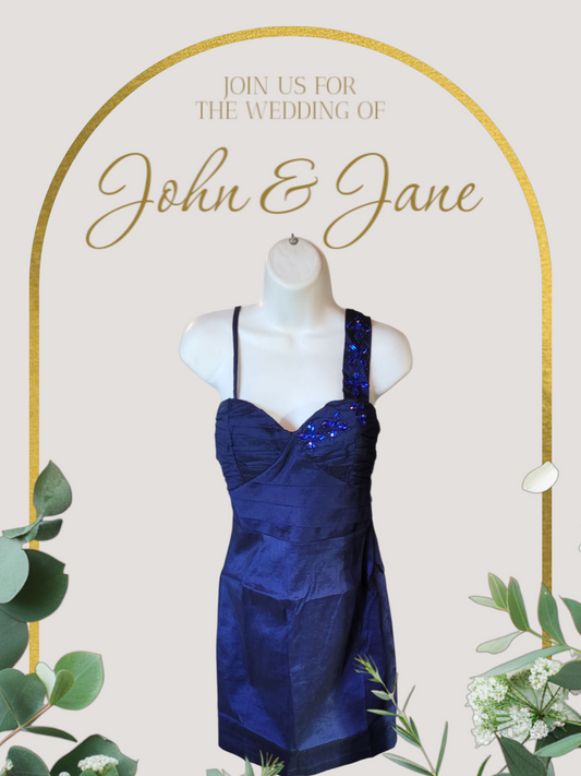 Blue dress on a mannequin with wedding invitation text and decorative arch